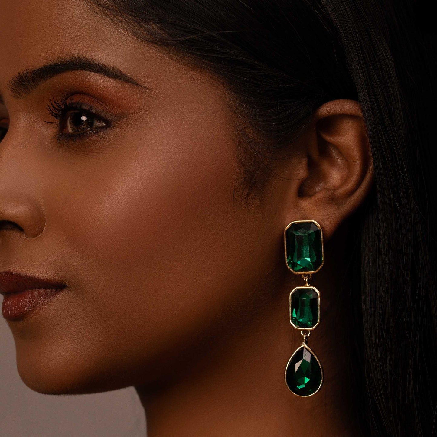 18KT GOLD PLATED EMERALD DROP EARRINGS - ANGELICA
