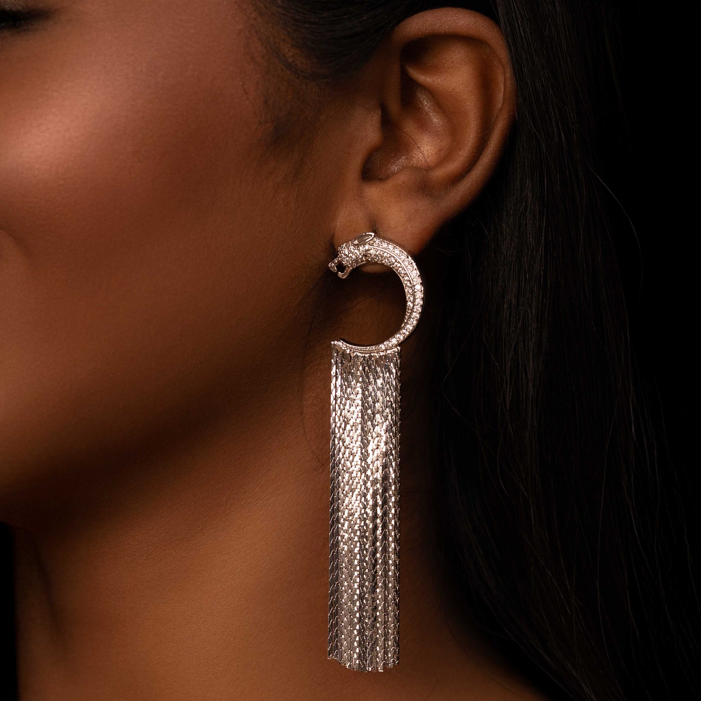 RHODIUM PLATED JAGUAR TASSEL EARRING - JAGUAR
