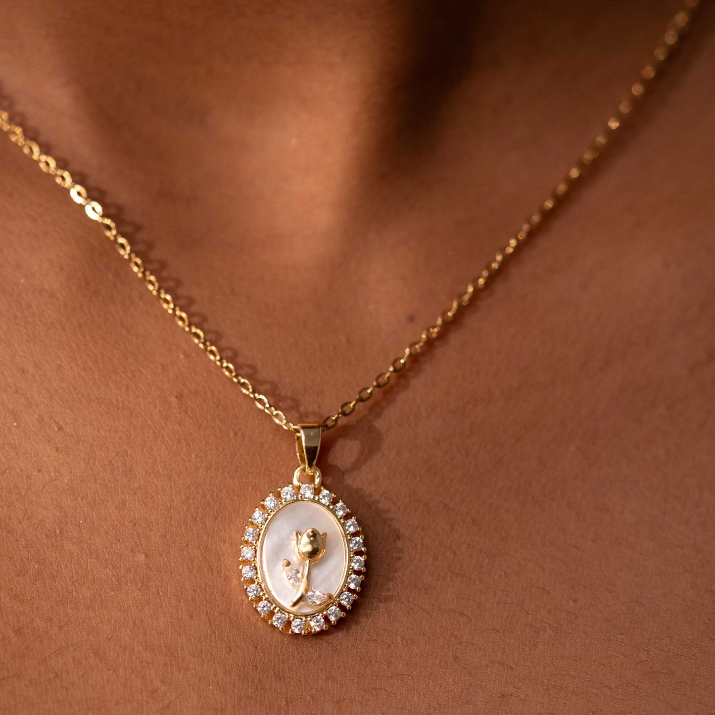18KT GOLD PLATED DAILY WEAR MOP ROSE WITH CUBIC ZIRCONIA STUDS NECKLACE - AMELIA