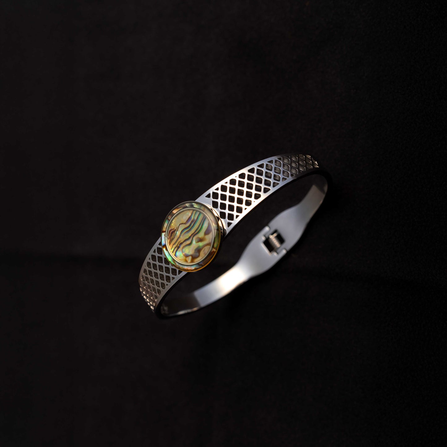 RHODIUM PLATED RAINBOW COLOURED MOP DESIGN SPRING OPENABLE CUFF BRACELET - ADELE