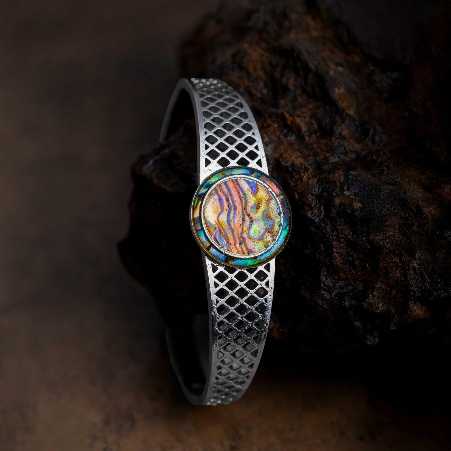 RHODIUM PLATED RAINBOW COLOURED MOP DESIGN SPRING OPENABLE CUFF BRACELET - ADELE