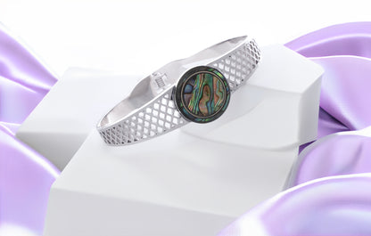 RHODIUM PLATED RAINBOW COLOURED MOP DESIGN SPRING OPENABLE CUFF BRACELET - ADELE