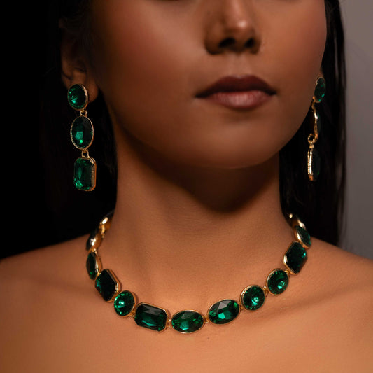 18KT GOLD PLATED ANTI TARNISH EMERALD STONES SET COMBO (Neckpiece+Earrings+Bracelet) - ELOISE