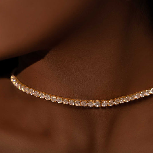 18KT GOLD PLATED RHINESTONE STUDDED ADJUSTABLE CHOKER+EARRING COMBO SET - FLORA