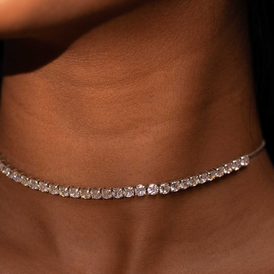 RHODIUM PLATED RHINESTONE STUDDED ADJUSTABLE CHOKER+EARRING COMBO SET - FLORA