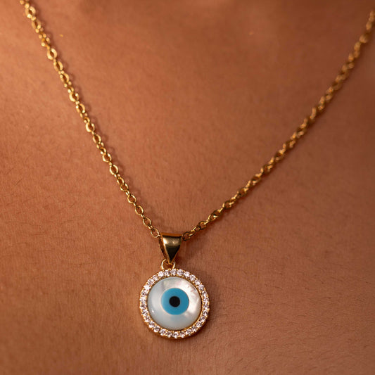 18KT GOLD PLATED CUBIC ZIRCONIA STUDDED BLUE EVIL EYE NECKPIECE - REA
