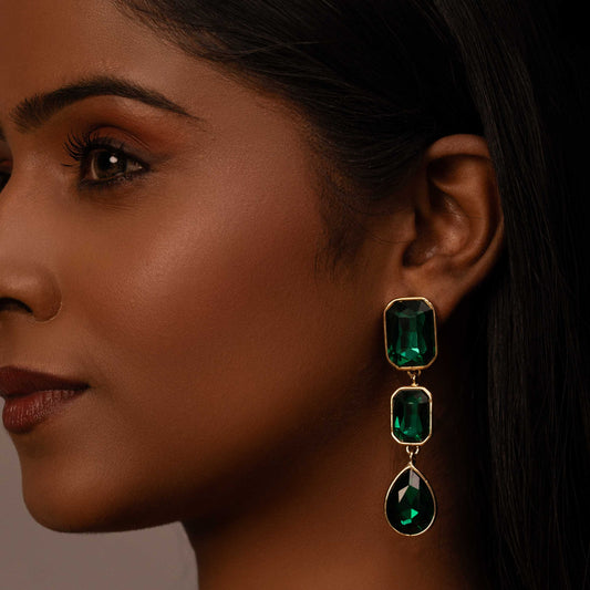 18KT GOLD PLATED EMERALD DROP EARRINGS - ANGELICA