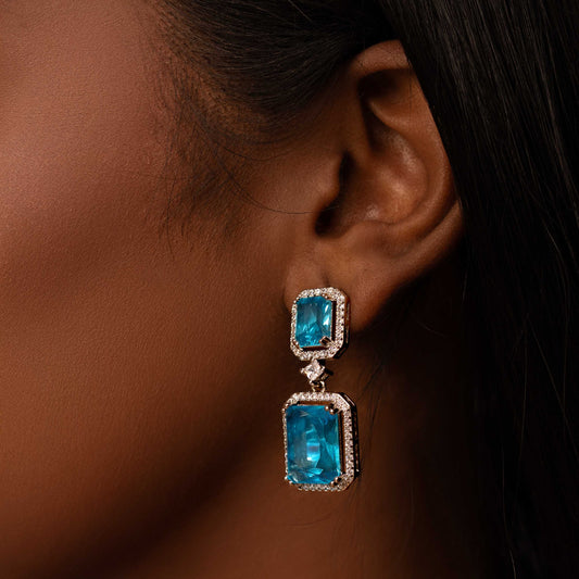 RHODIUM PLATED BLUE STONES WITH AMERICAN DIAMONDS - BLUE