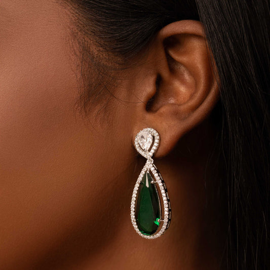 RHODIUM PLATED AMERICAN DIAMONDS WITH CUBIC ZIRCONIA AND EMERALD GREEN STONE - NOEL