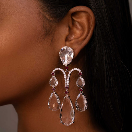 RHODIUM PLATED ROYAL STONE CHANDELIER DESIGNER EARRINGS - LORENZA
