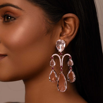 RHODIUM PLATED ROYAL STONE CHANDELIER DESIGNER EARRINGS - LORENZA