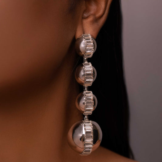 RHODIUM PLATED HANGING SILVER BALL WITH RECTANGLE ZIRCONS - GERALDINE