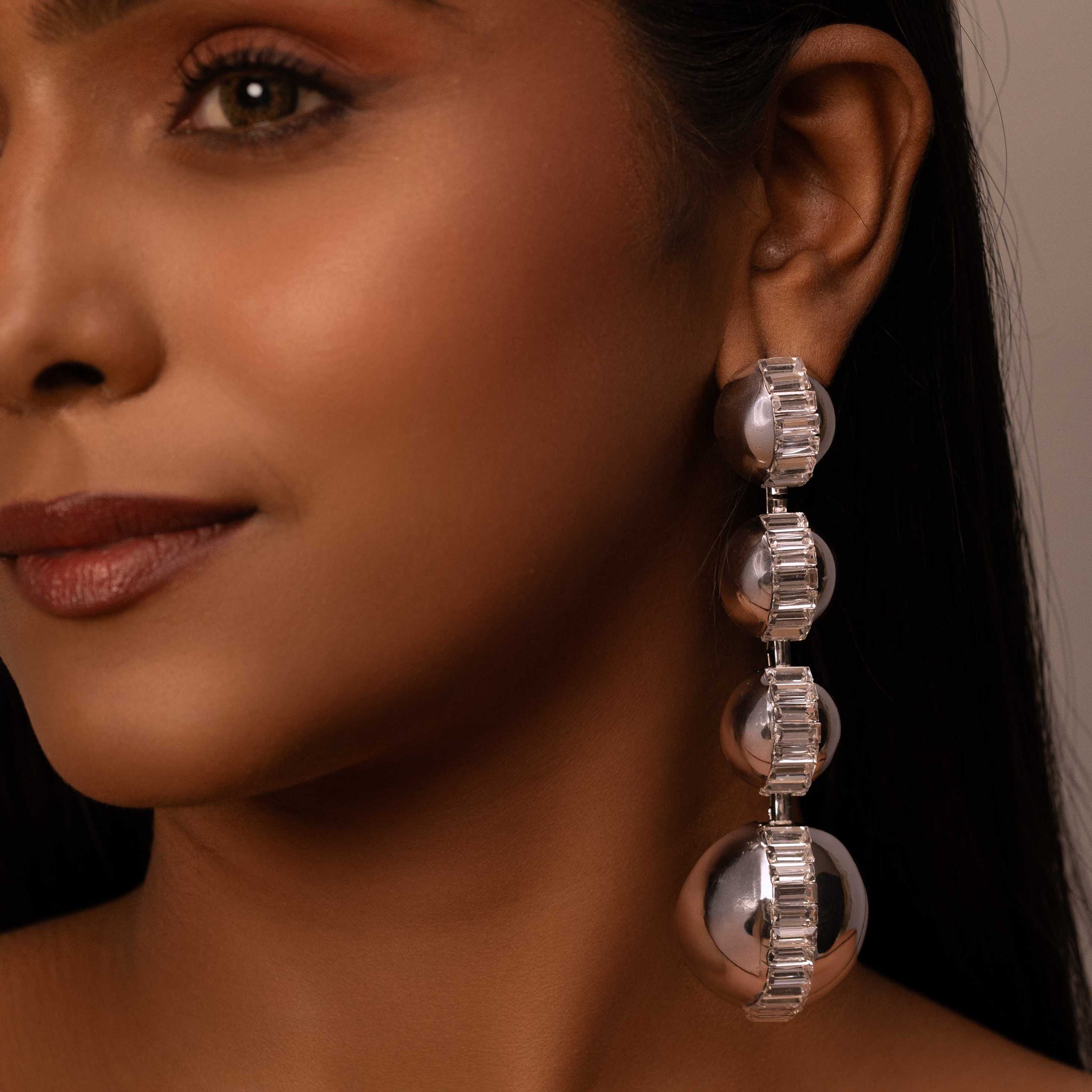 RHODIUM PLATED HANGING SILVER BALL WITH RECTANGLE ZIRCONS - GERALDINE