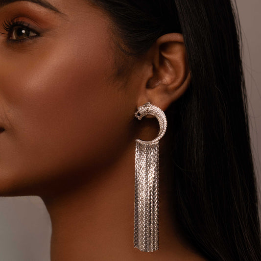 RHODIUM PLATED JAGUAR TASSEL EARRING - JAGUAR