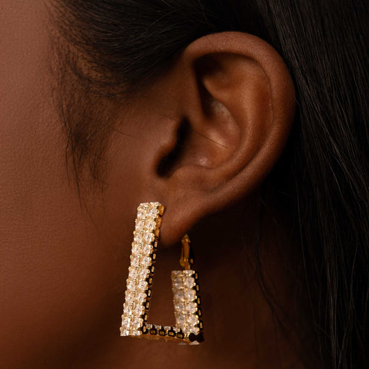 18KT GOLD PLATED CUBIC ZIRCONIA STUDDED SQUARE HOOPS EARRINGS - YIVA