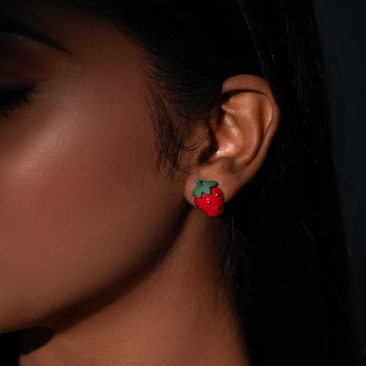 18 KT GOLD PLATED ENAMEL STUDS - STRAWBERRY
