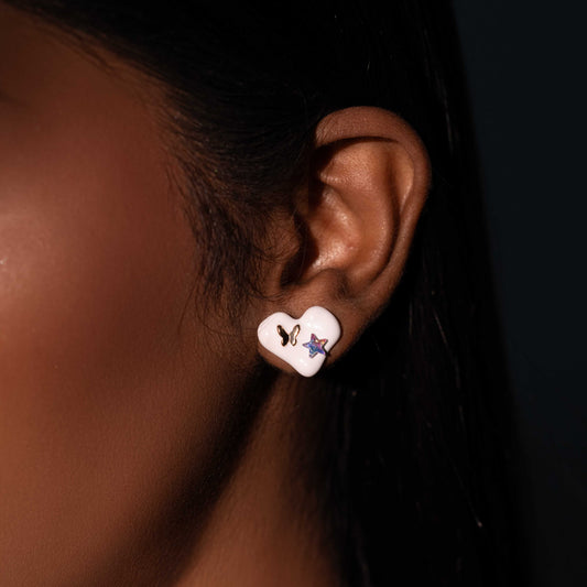 18KT GOLD PLATED WHITE ENAMEL HEART STUD - ZED