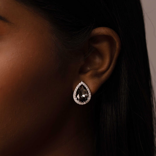 RHODIUM PLATED AMERICAN DIAMONDS WITH BLACK TEAR DROP STUD - PARISA