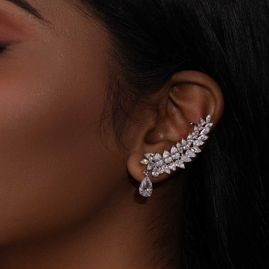 RHODIUM PLATED AMERICAN DIAMOND FULL EAR EARCUFF WITH PIERCING - NELLA