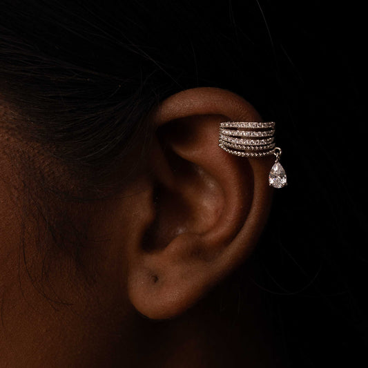 RHODIUM PLATED STUDDED TEAR DROP EARCUFF - AIDEN