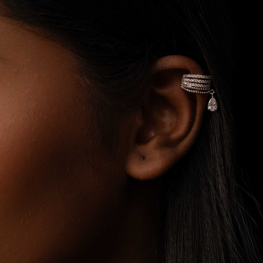 RHODIUM PLATED STUDDED TEAR DROP EARCUFF - AIDEN