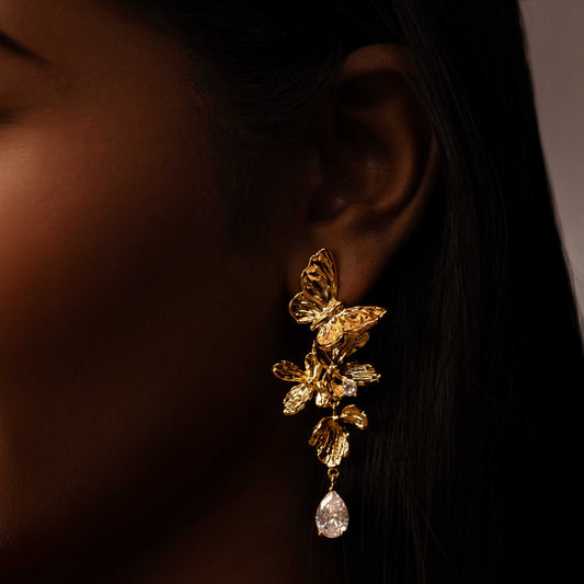 18KT GOLD PLATED HANGING BUTTERFLY LONG DESIGNER EARRINGS - STARLA