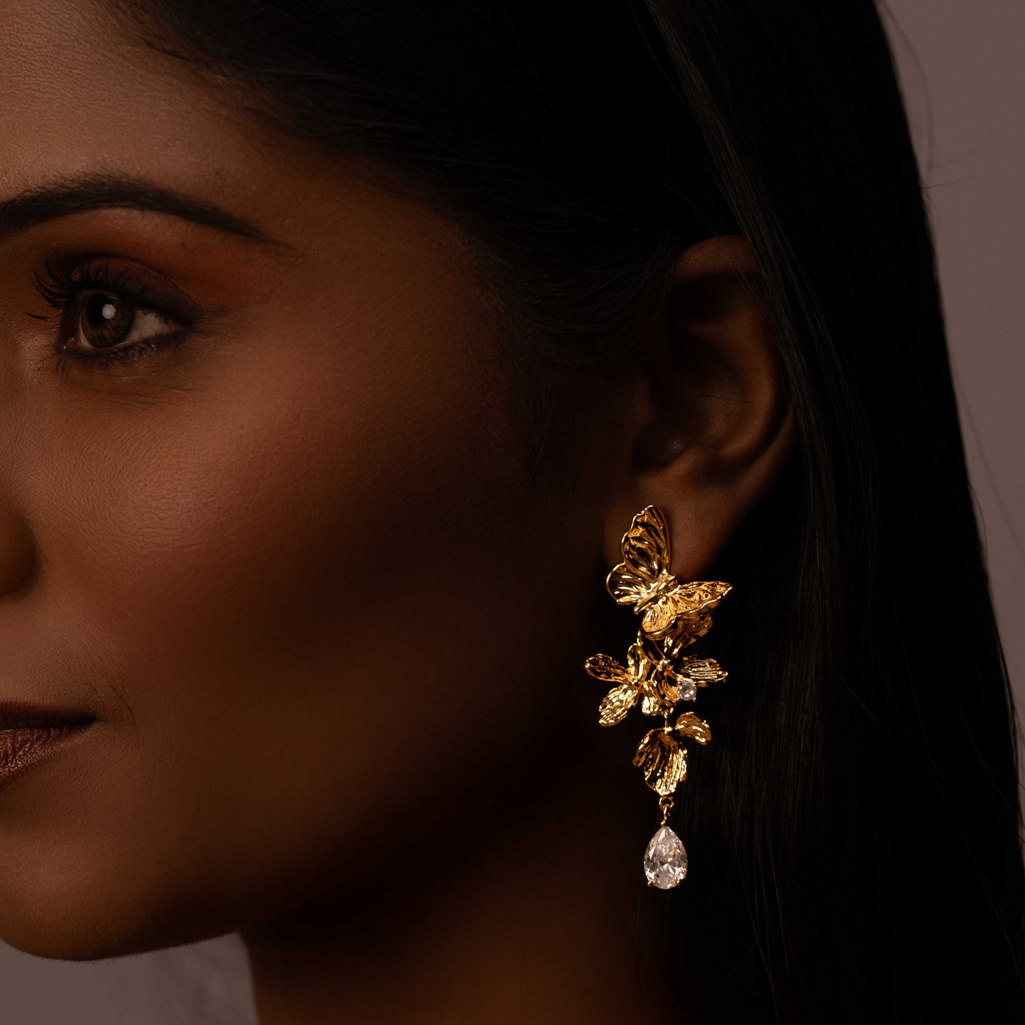 18KT GOLD PLATED HANGING BUTTERFLY LONG DESIGNER EARRINGS - STARLA