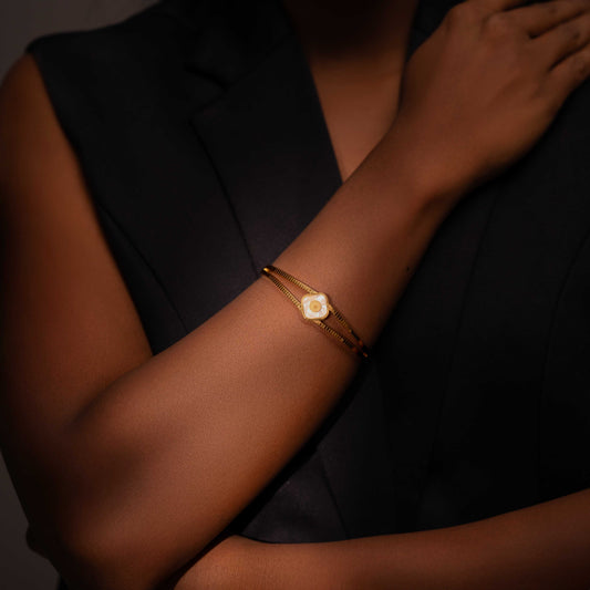18KT GOLD PLATED MOP DESIGN LINED CUFF BRACELET - SYLVIE