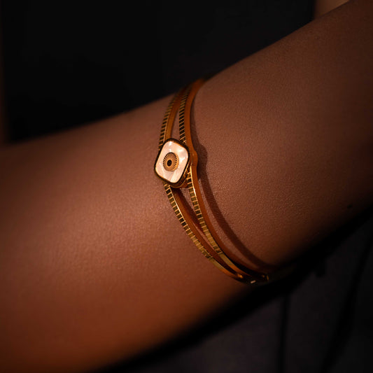 18KT GOLD PLATED MOP DESIGN LINED CUFF BRACELET - SYLVIE