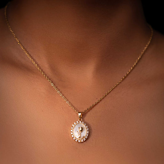 18KT GOLD PLATED DAILY WEAR MOP ROSE WITH CUBIC ZIRCONIA STUDS NECKLACE - AMELIA