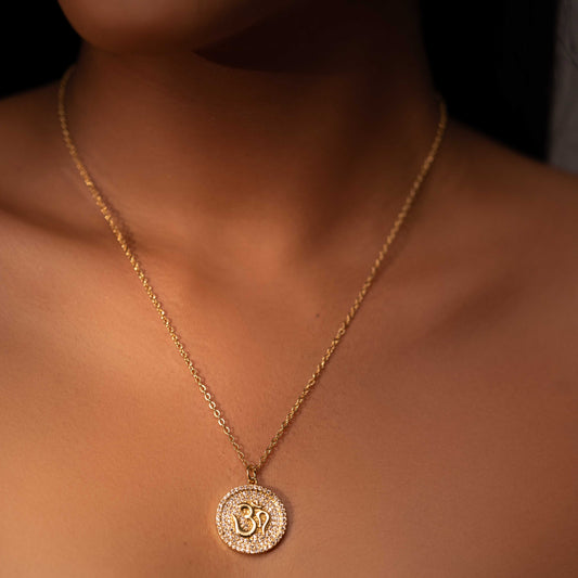 18KT GOLD PLATED AMERICAN DIAMONDS STUDDED OM NECKPIECE - EIRENE