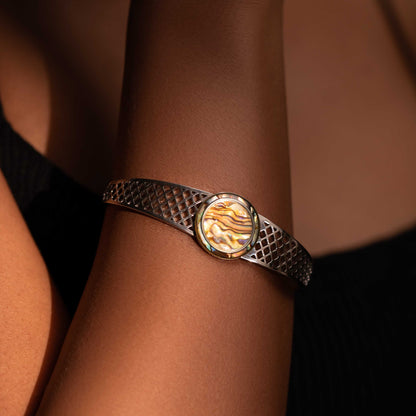 RHODIUM PLATED RAINBOW COLOURED MOP DESIGN SPRING OPENABLE CUFF BRACELET - ADELE