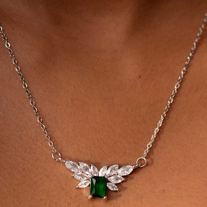 RHODIUM PLATED OVAL ZIRCON STUDDED WITH SQUARE EMERALD STONE - ALICIA