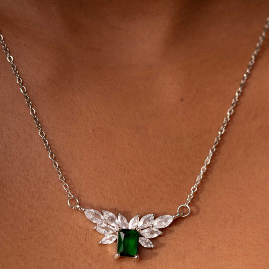 RHODIUM PLATED OVAL ZIRCON STUDDED WITH SQUARE EMERALD STONE - ALICIA