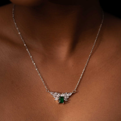 RHODIUM PLATED OVAL ZIRCON STUDDED WITH SQUARE EMERALD STONE - ALICIA