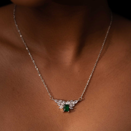 RHODIUM PLATED OVAL ZIRCON STUDDED WITH SQUARE EMERALD STONE - ALICIA