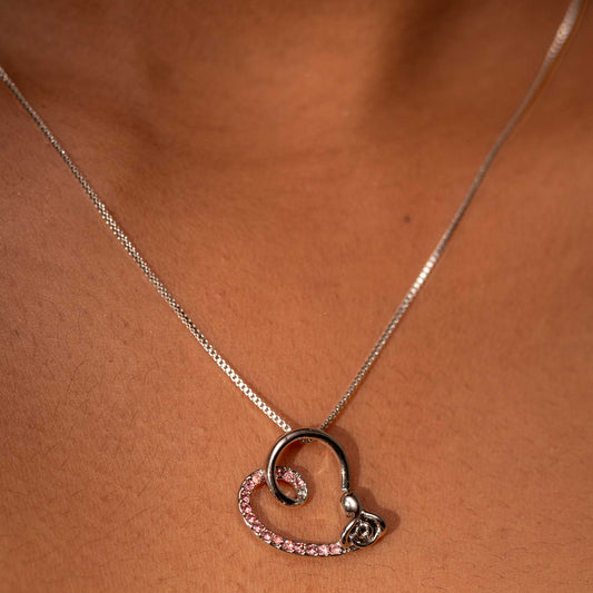 RHODIUM PLATED PINK RHINESTONE STUDDED HEART WITH ROSE DESIGN - IZZY