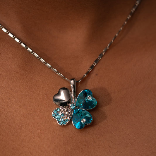 RHODIUM PLATED BLUE RHINESTONE STUDDED CLOVER - ARINA