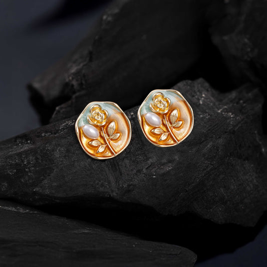 18KT GOLD PLATED ENAMEL PEARL ROSE STUDS - ELYSIA
