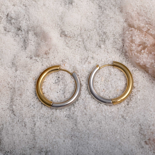 REVERSIBLE DUAL TONE GOLD/SILVER PLATED CIRCULAR HOOPS EARRINGS (LARGE) - SIA