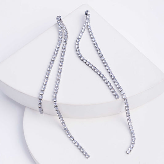 RHODIUM PLATED RHINESTONE STUDDED SHOULDER LENGTH LONG FRONT BACK STRIPS - QUINCY