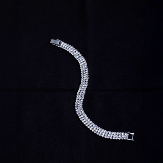 RHODIUM PLATED THREE LAYER RHINESTONE STUDDED TENNIS BRACELET - CLAIRE